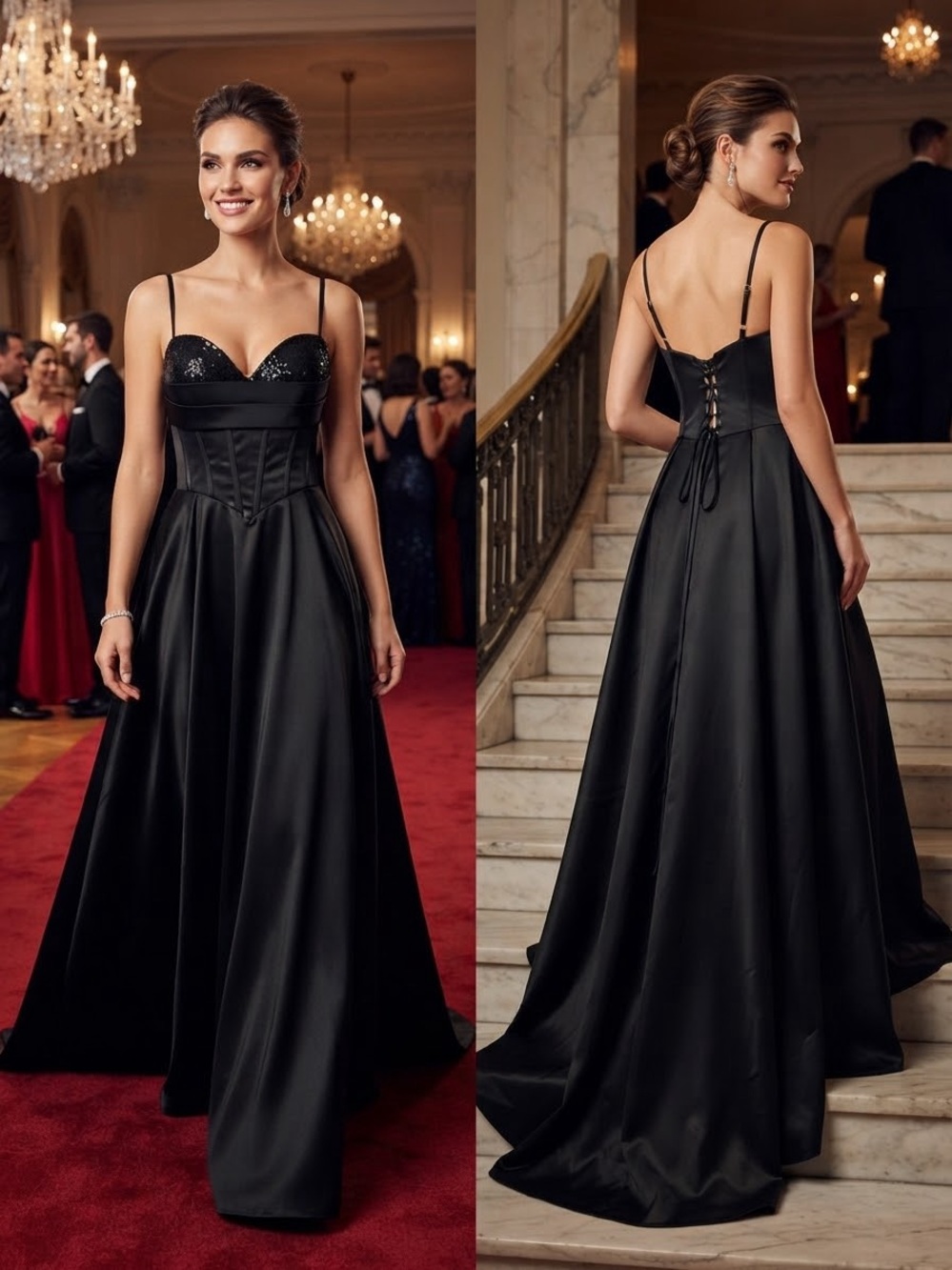 Elegant Black Satin Evening Gown with Lace-Up Back size 10